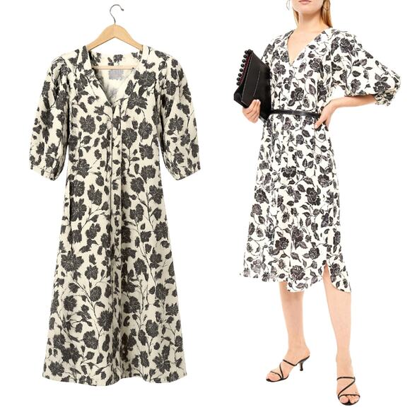 Zimmermann S Lovestruck $795 Floral 100% LINEN Midi Dress Puff Sleeve Black NEW!